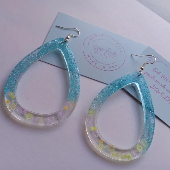 Hand Crafted Blue Glitter Teardrop Earrings - Picture 3 of 7